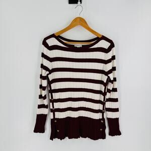 Croft & Barrow Striped‎ Ribbed Top White Burgundy Gold Button Detail Women’s L